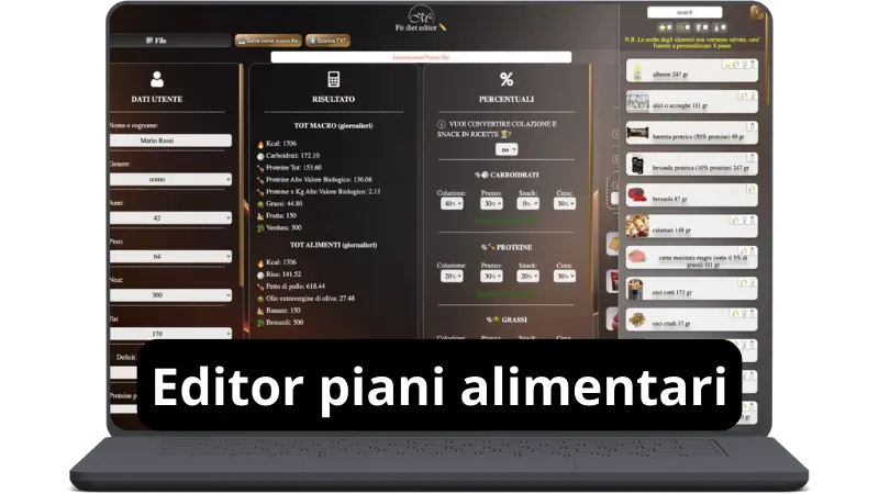 editor, software, piani alimentari, alimentazione, metabolic training sz