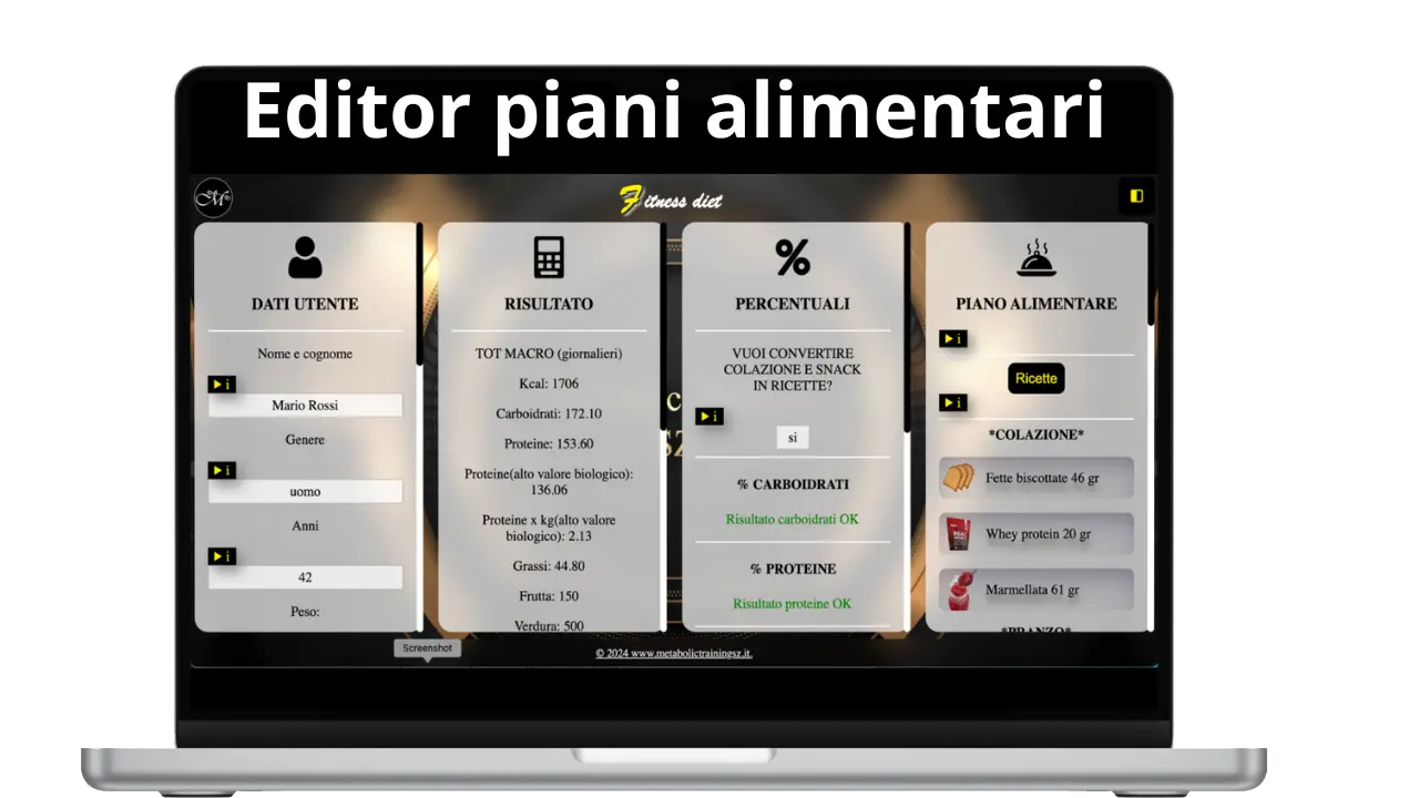 editor, software, piani alimentari, alimentazione, metabolic training sz